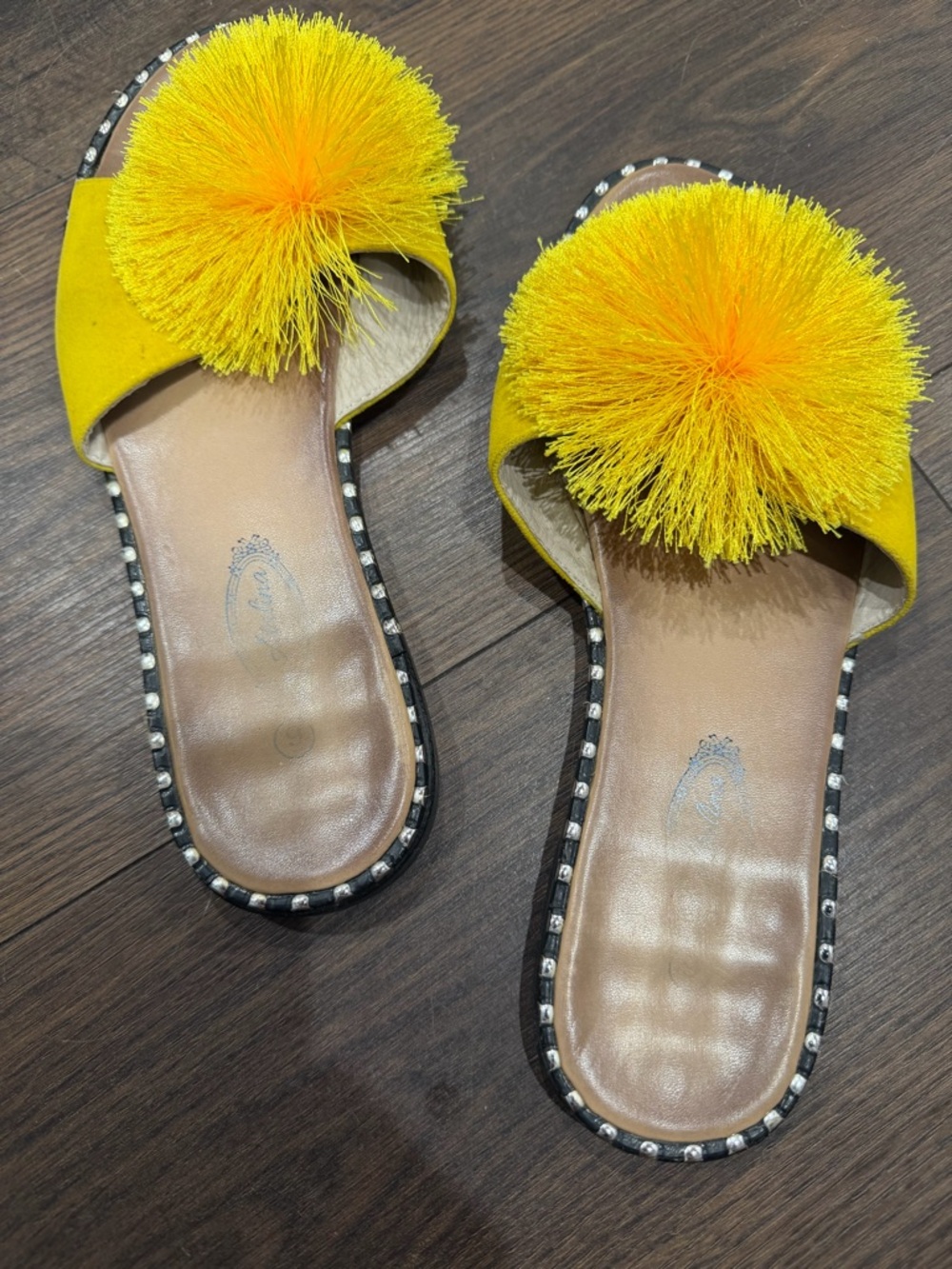 Yellow Pom-Pom Slide Sandals - Women